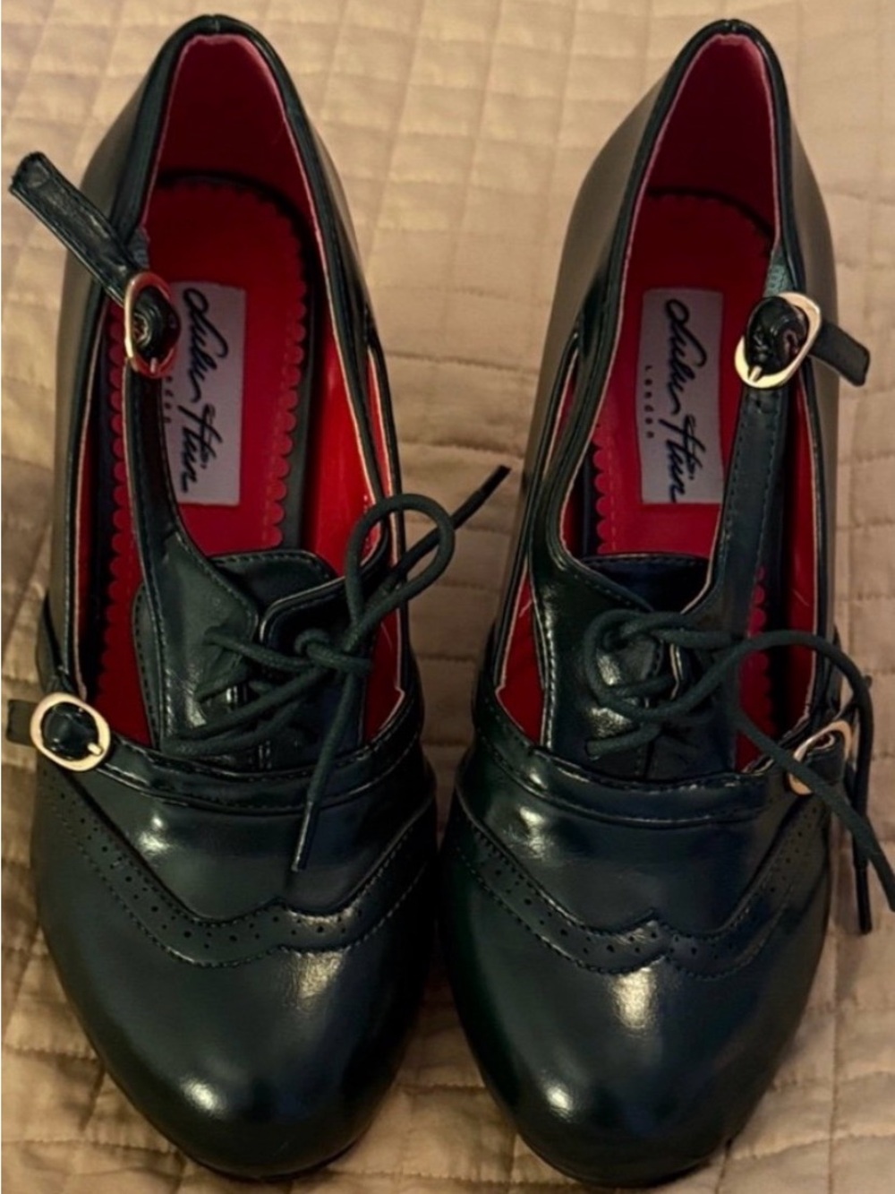 Lulu Hun Dark Green Mary Jane Lace-Up heels with Red Insole